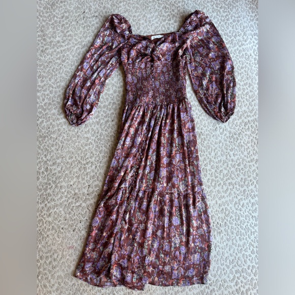 ASTR the Label Arlette Burgundy Floral Smocked Boho Midi Dress, size L - Picture 5 of 11